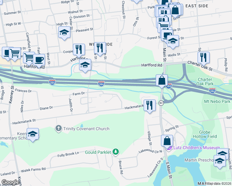 map of restaurants, bars, coffee shops, grocery stores, and more near 43 Hackmatack Street in Manchester