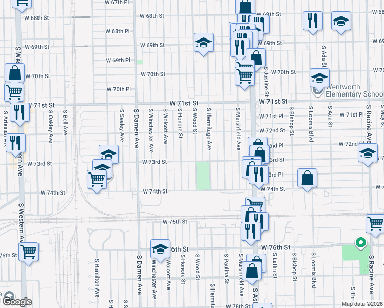 map of restaurants, bars, coffee shops, grocery stores, and more near 7246 South Wood Street in Chicago
