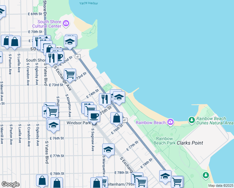 map of restaurants, bars, coffee shops, grocery stores, and more near 7447 South South Shore Drive in Chicago
