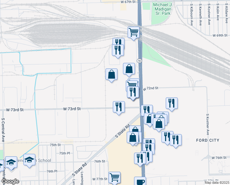 map of restaurants, bars, coffee shops, grocery stores, and more near 7200 South Cicero Avenue in Chicago