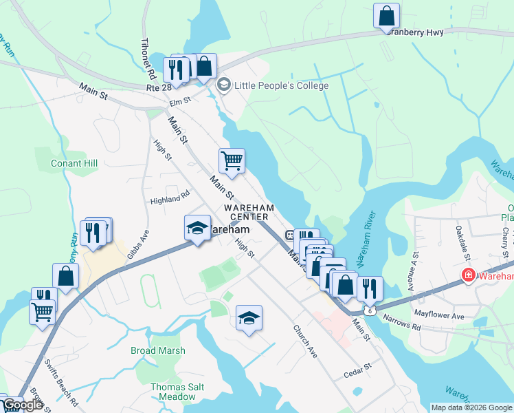 map of restaurants, bars, coffee shops, grocery stores, and more near in Wareham