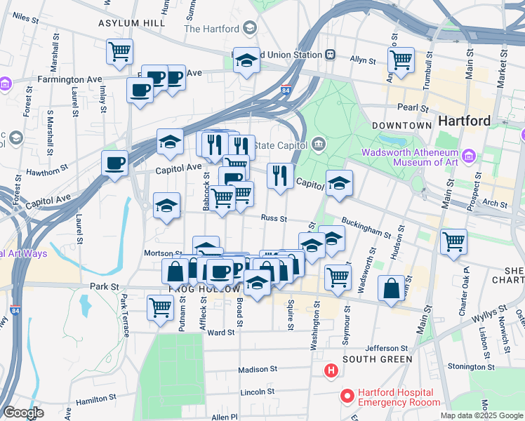 map of restaurants, bars, coffee shops, grocery stores, and more near 63 Hungerford Street in Hartford