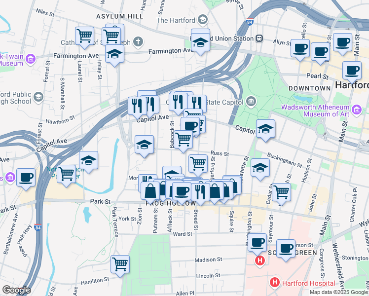 map of restaurants, bars, coffee shops, grocery stores, and more near 159 Russ Street in Hartford