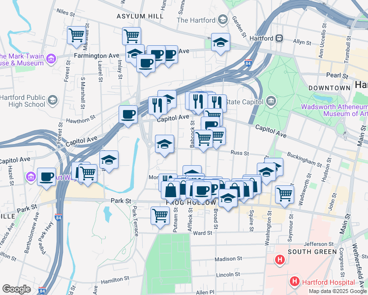 map of restaurants, bars, coffee shops, grocery stores, and more near 191 Russ Street in Hartford