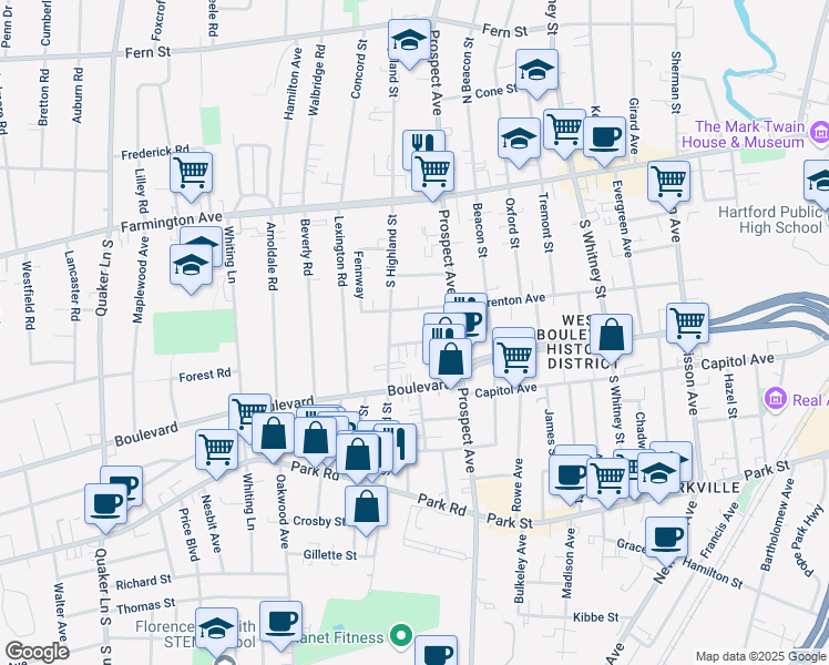 map of restaurants, bars, coffee shops, grocery stores, and more near 24 Fairview Street in West Hartford