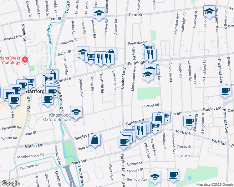 map of restaurants, bars, coffee shops, grocery stores, and more near 85 Lancaster Road in West Hartford