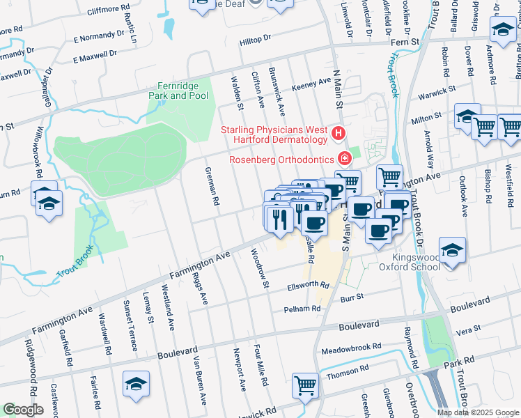map of restaurants, bars, coffee shops, grocery stores, and more near 111 Brace Road in West Hartford