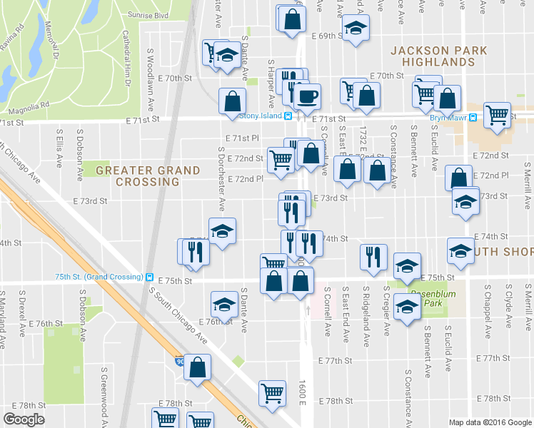 map of restaurants, bars, coffee shops, grocery stores, and more near 1509 East 73rd Street in Chicago