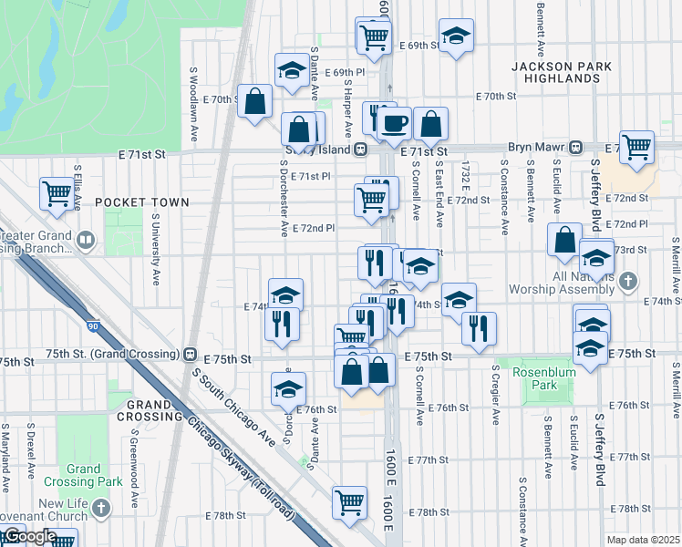 map of restaurants, bars, coffee shops, grocery stores, and more near 1509 East 73rd Street in Chicago