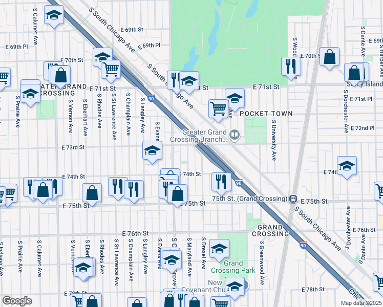 map of restaurants, bars, coffee shops, grocery stores, and more near 7322 South Maryland Avenue in Chicago