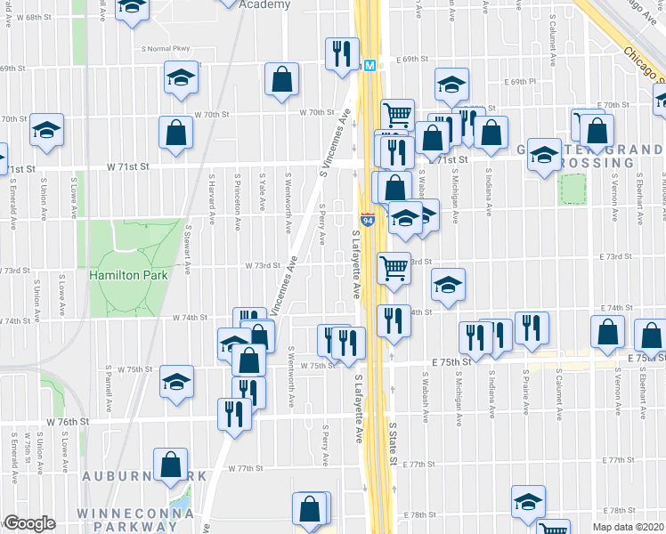 map of restaurants, bars, coffee shops, grocery stores, and more near 7306 South Lafayette Avenue in Chicago