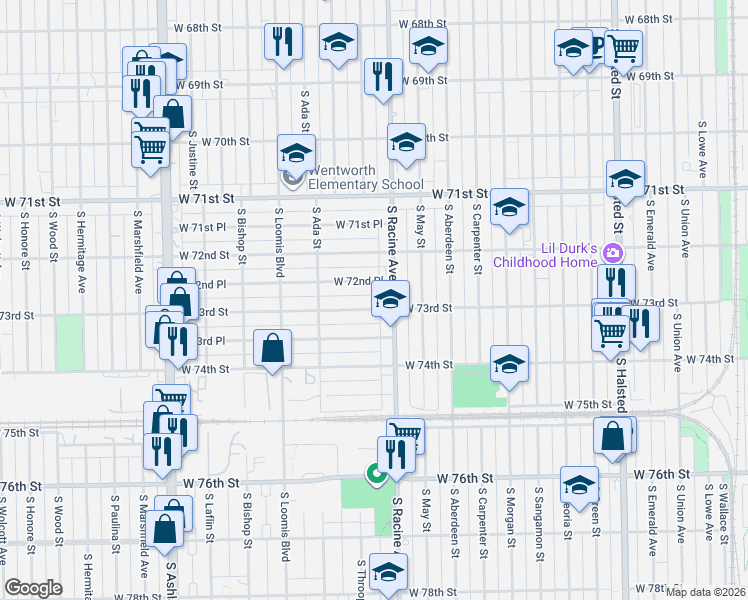 map of restaurants, bars, coffee shops, grocery stores, and more near 1236 West 73rd Street in Chicago