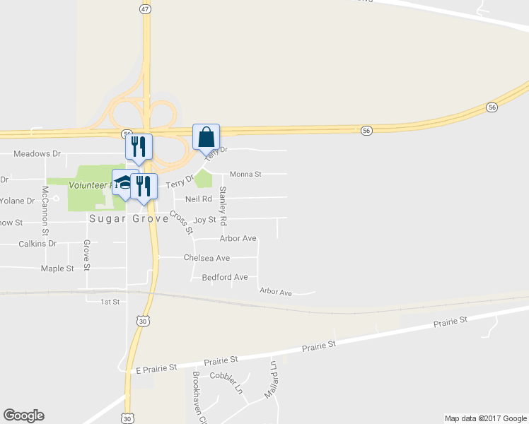 map of restaurants, bars, coffee shops, grocery stores, and more near 134 Joy Street in Sugar Grove