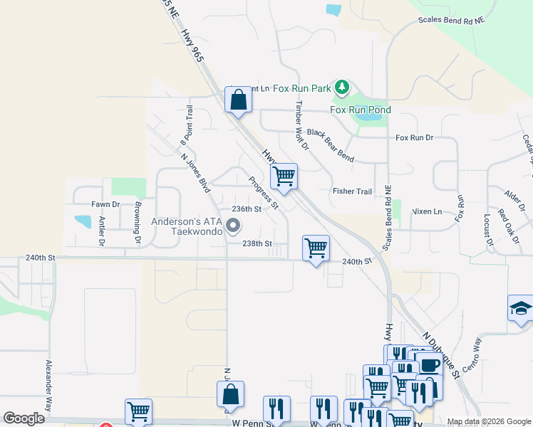 map of restaurants, bars, coffee shops, grocery stores, and more near 975 236th St NE in North Liberty