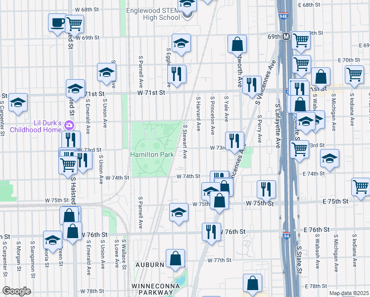 map of restaurants, bars, coffee shops, grocery stores, and more near W 73rd St & S Stewart Ave in Chicago