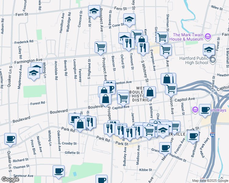map of restaurants, bars, coffee shops, grocery stores, and more near 119 Beacon Street in Hartford