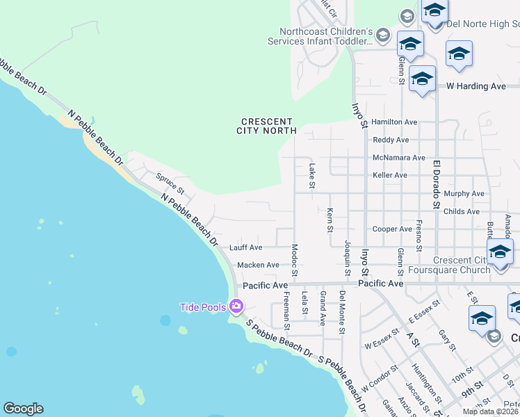 map of restaurants, bars, coffee shops, grocery stores, and more near 240 Breakwater Drive in Crescent City