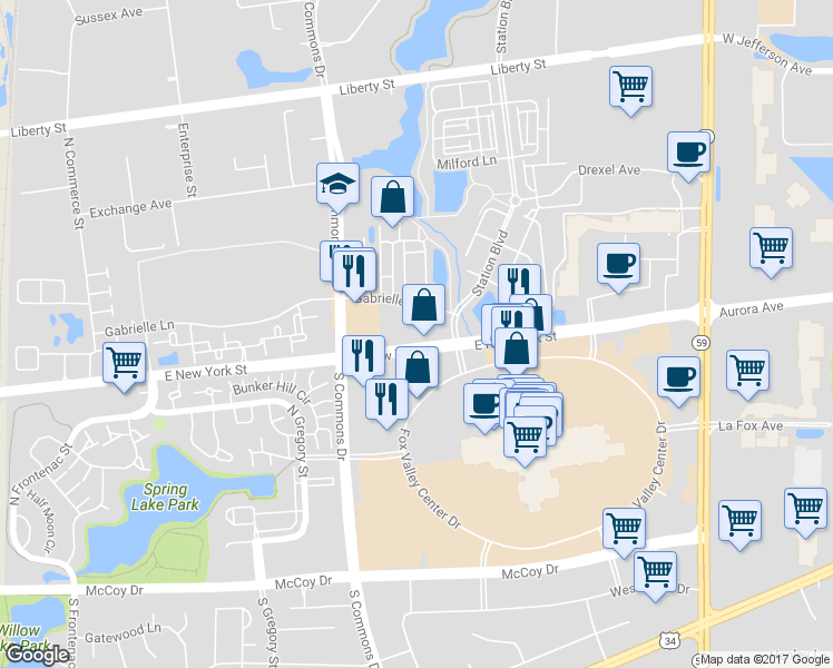 map of restaurants, bars, coffee shops, grocery stores, and more near 4050 East New York Street in Aurora