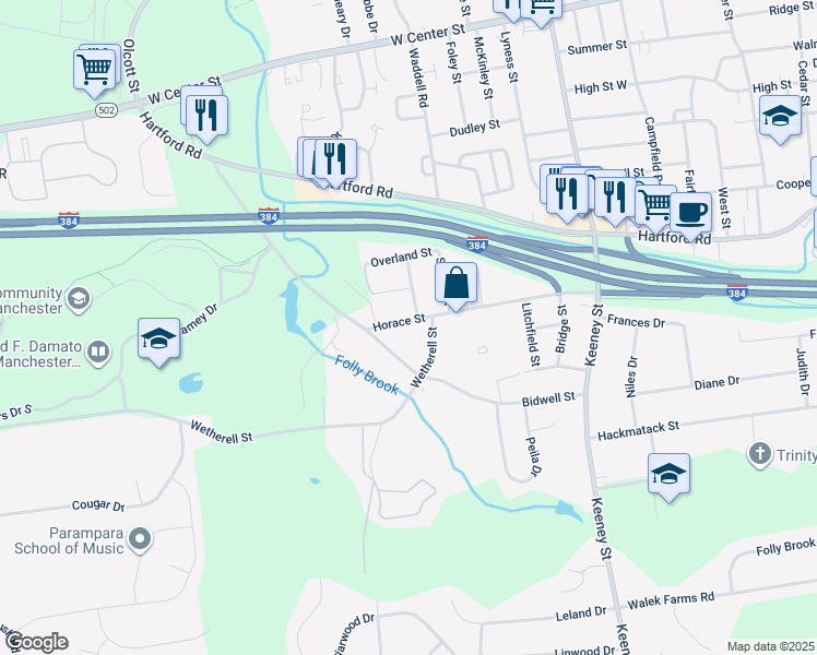 map of restaurants, bars, coffee shops, grocery stores, and more near 36 Horace Street in Manchester
