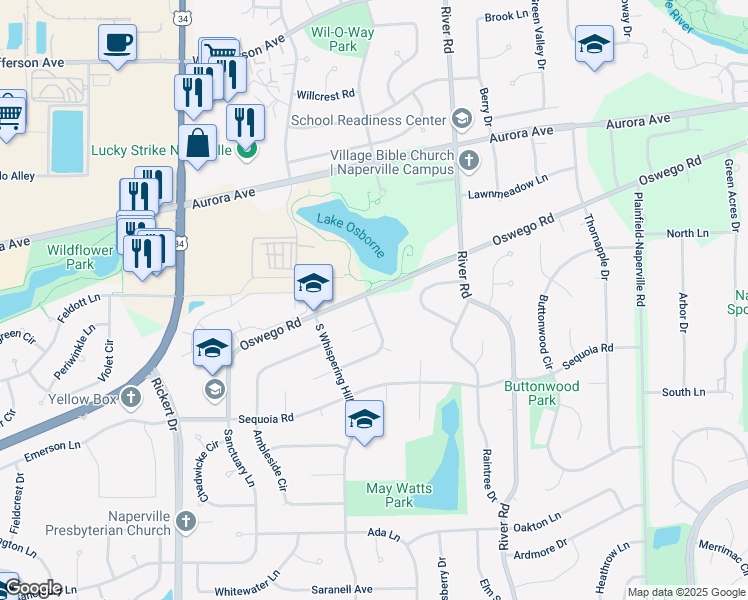 map of restaurants, bars, coffee shops, grocery stores, and more near 596 Oakhurst Drive in Naperville