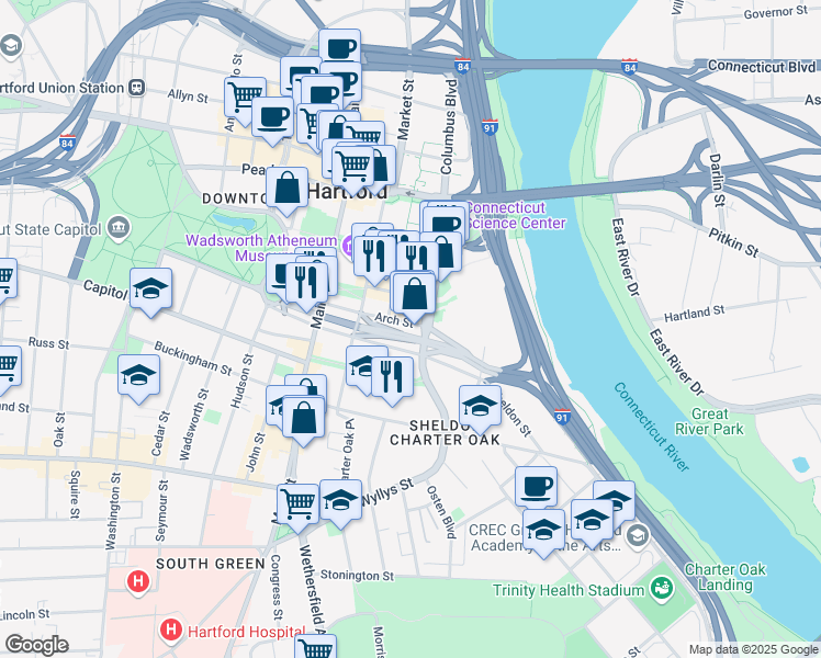 map of restaurants, bars, coffee shops, grocery stores, and more near 70 1/2 Columbus Boulevard in Hartford