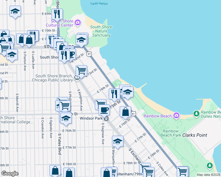 map of restaurants, bars, coffee shops, grocery stores, and more near 7415 South Coles Avenue in Chicago