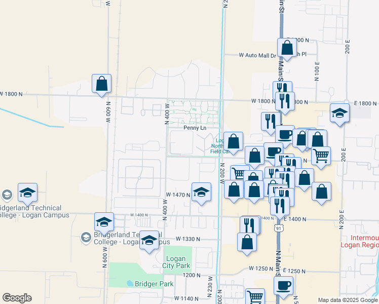 map of restaurants, bars, coffee shops, grocery stores, and more near 1594 North 310 West in Logan
