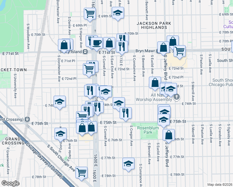 map of restaurants, bars, coffee shops, grocery stores, and more near 7331 South East End Avenue in Chicago