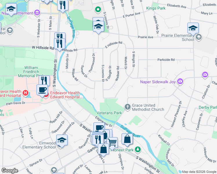 map of restaurants, bars, coffee shops, grocery stores, and more near 839 Wellner Rd in Naperville