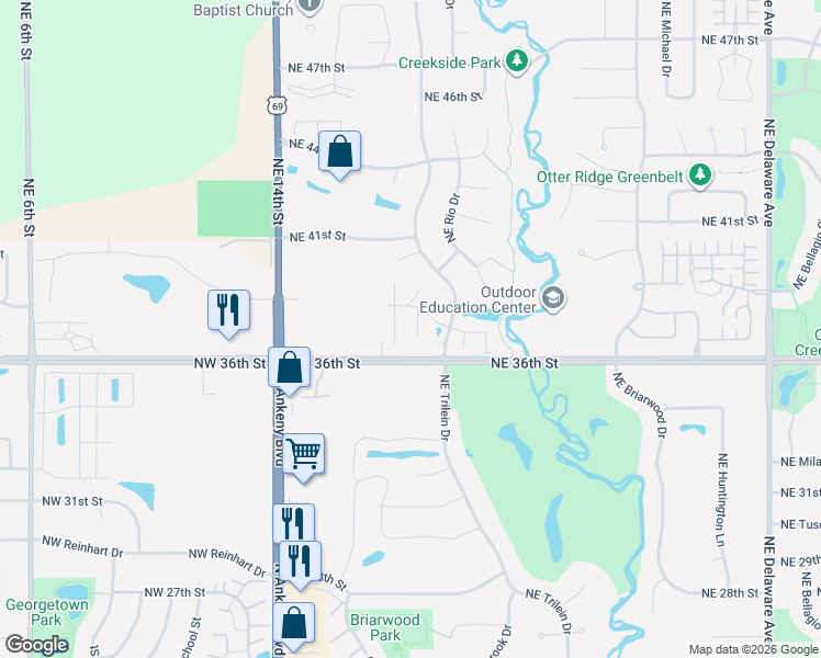 map of restaurants, bars, coffee shops, grocery stores, and more near 350 Northeast 36th Street in Ankeny