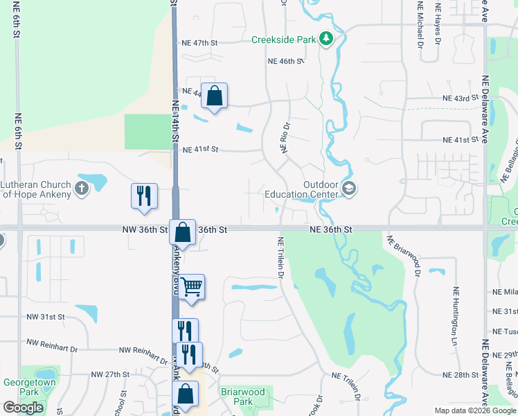 map of restaurants, bars, coffee shops, grocery stores, and more near 350 Northeast 36th Street in Ankeny
