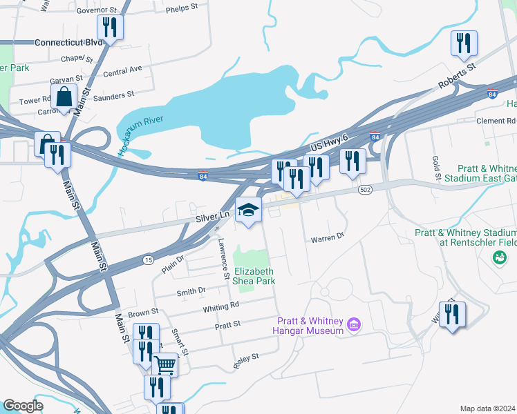 map of restaurants, bars, coffee shops, grocery stores, and more near 218 Silver Lane in East Hartford