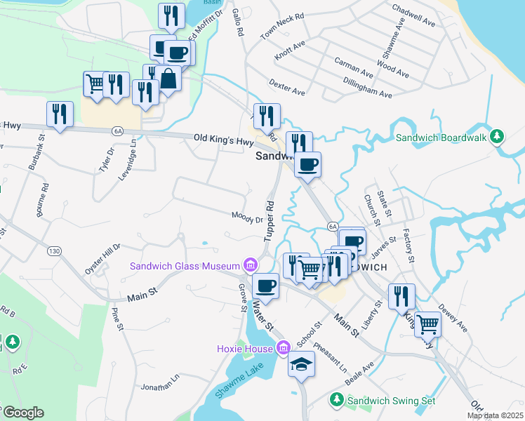 map of restaurants, bars, coffee shops, grocery stores, and more near 108 Tupper Road in Sandwich