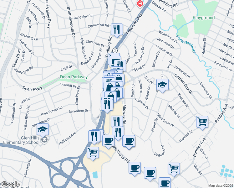 map of restaurants, bars, coffee shops, grocery stores, and more near 128 Hillside Road in Cranston