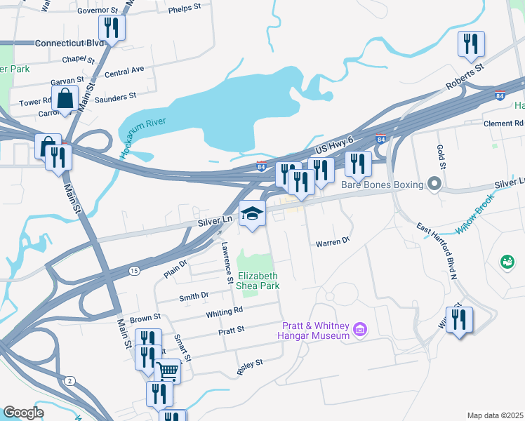 map of restaurants, bars, coffee shops, grocery stores, and more near 218 Silver Lane in East Hartford