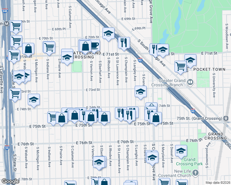 map of restaurants, bars, coffee shops, grocery stores, and more near 7316 South Saint Lawrence Avenue in Chicago