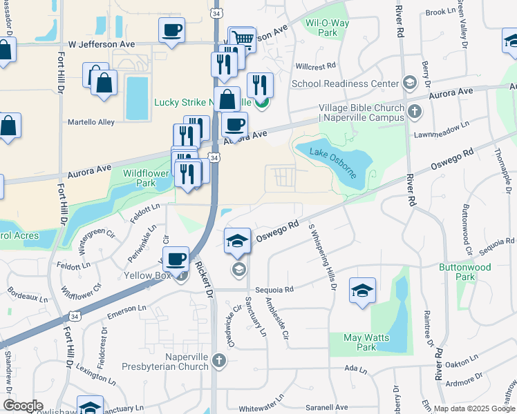 map of restaurants, bars, coffee shops, grocery stores, and more near 1503 Watkins Lane in Naperville