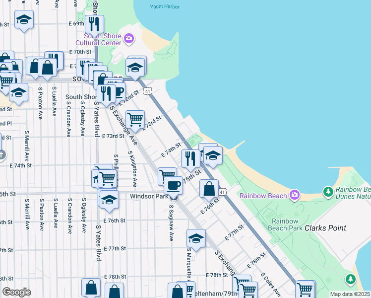 map of restaurants, bars, coffee shops, grocery stores, and more near 7415 South Coles Avenue in Chicago