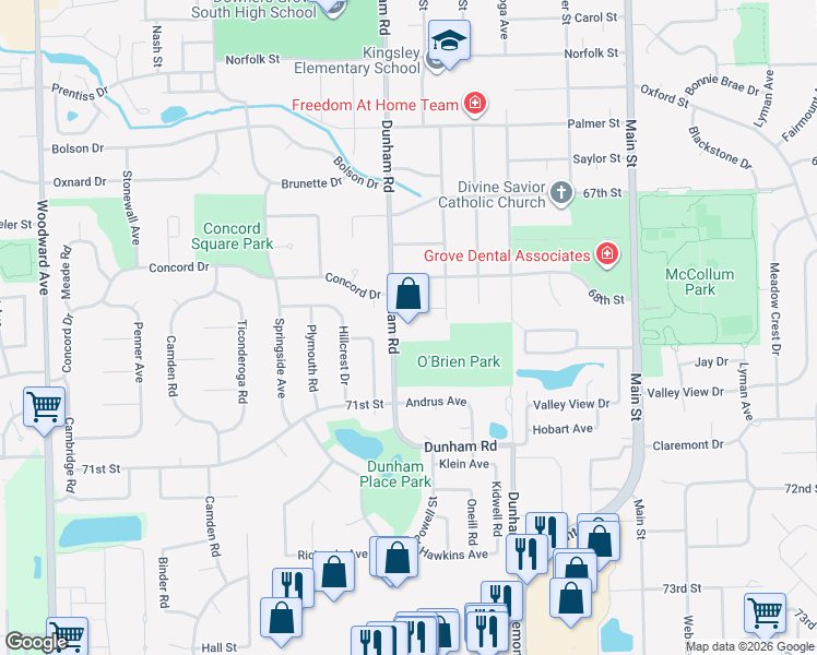 map of restaurants, bars, coffee shops, grocery stores, and more near 6901 Dunham Road in Downers Grove