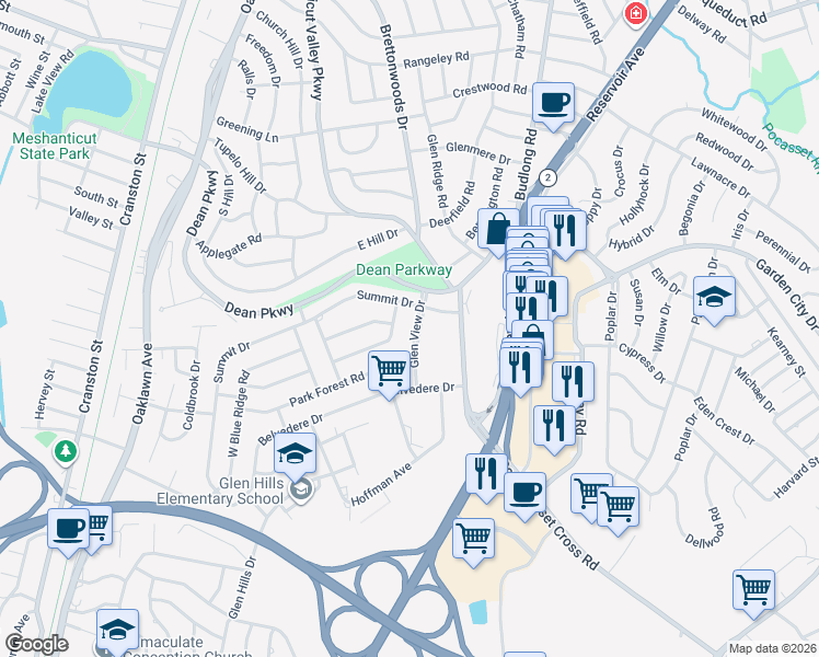 map of restaurants, bars, coffee shops, grocery stores, and more near 40 Glen View Drive in Cranston