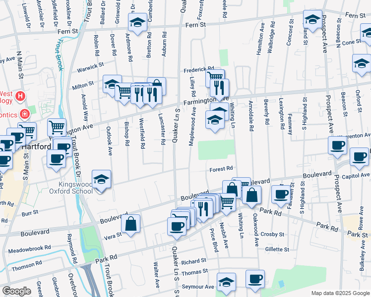 map of restaurants, bars, coffee shops, grocery stores, and more near 92 Quaker Lane South in West Hartford