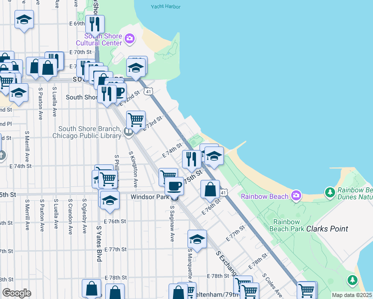 map of restaurants, bars, coffee shops, grocery stores, and more near 7415 South Coles Avenue in Chicago