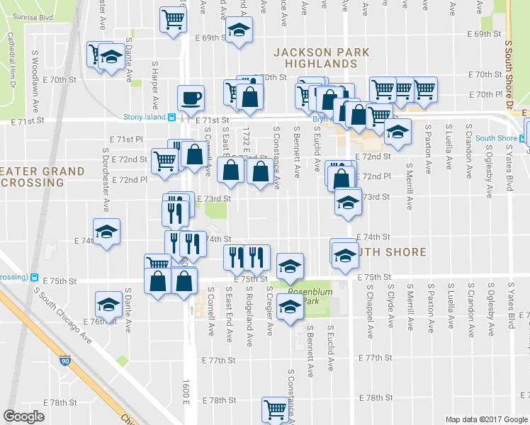 map of restaurants, bars, coffee shops, grocery stores, and more near 1739 East 73rd Place in Chicago