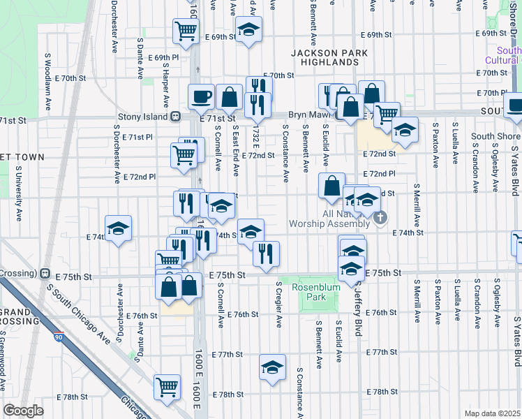 map of restaurants, bars, coffee shops, grocery stores, and more near 1739 East 73rd Place in Chicago