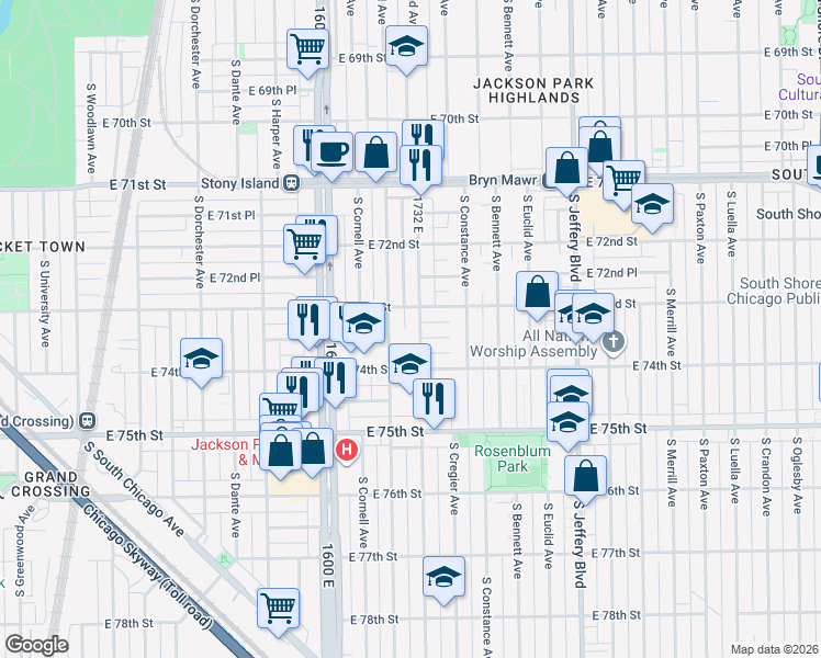 map of restaurants, bars, coffee shops, grocery stores, and more near 1739 East 73rd Place in Chicago