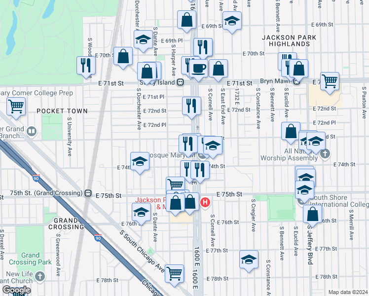 map of restaurants, bars, coffee shops, grocery stores, and more near 7334 South Stony Island Avenue in Chicago