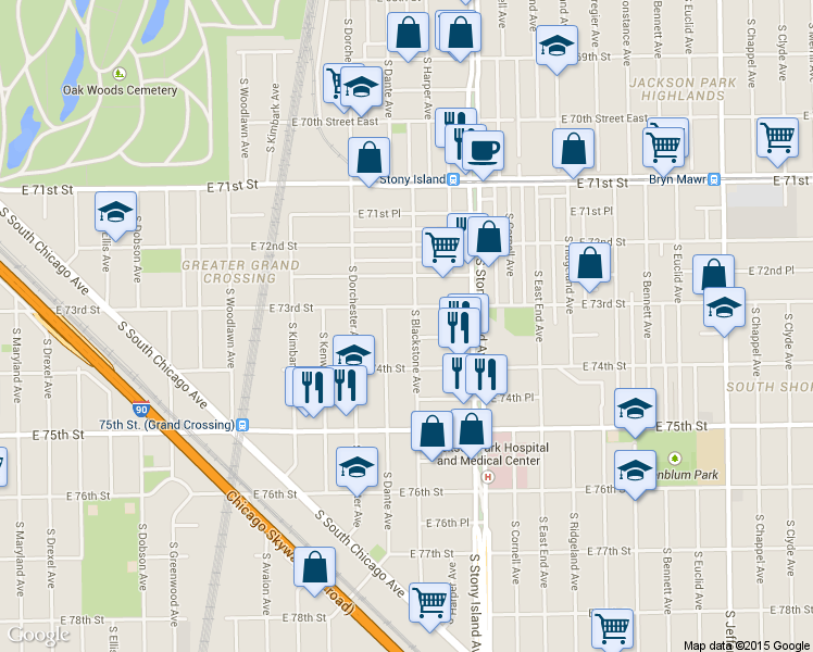 map of restaurants, bars, coffee shops, grocery stores, and more near 7329 South Dante Avenue in Chicago