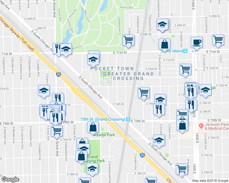 map of restaurants, bars, coffee shops, grocery stores, and more near 7326 South University Avenue in Chicago