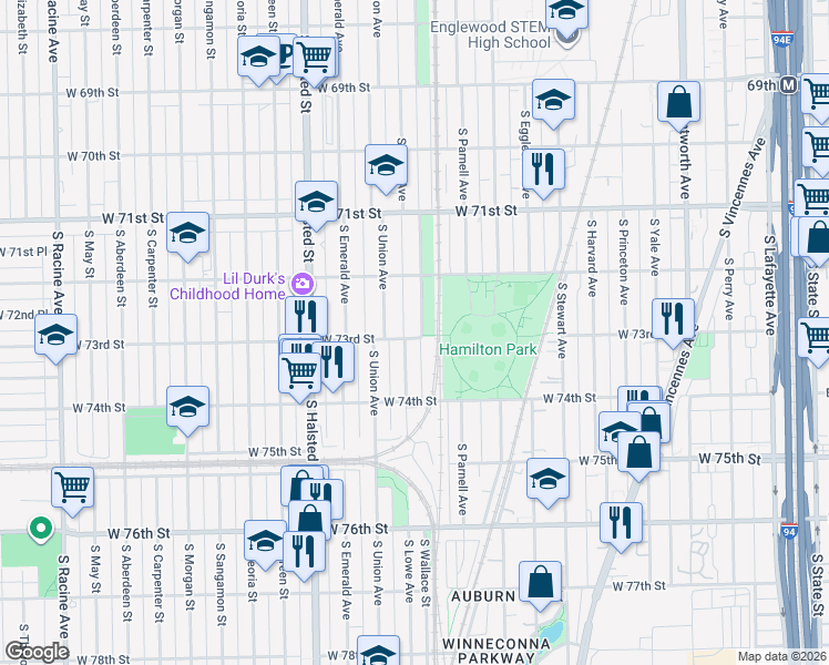 map of restaurants, bars, coffee shops, grocery stores, and more near 7303 South Lowe Avenue in Chicago