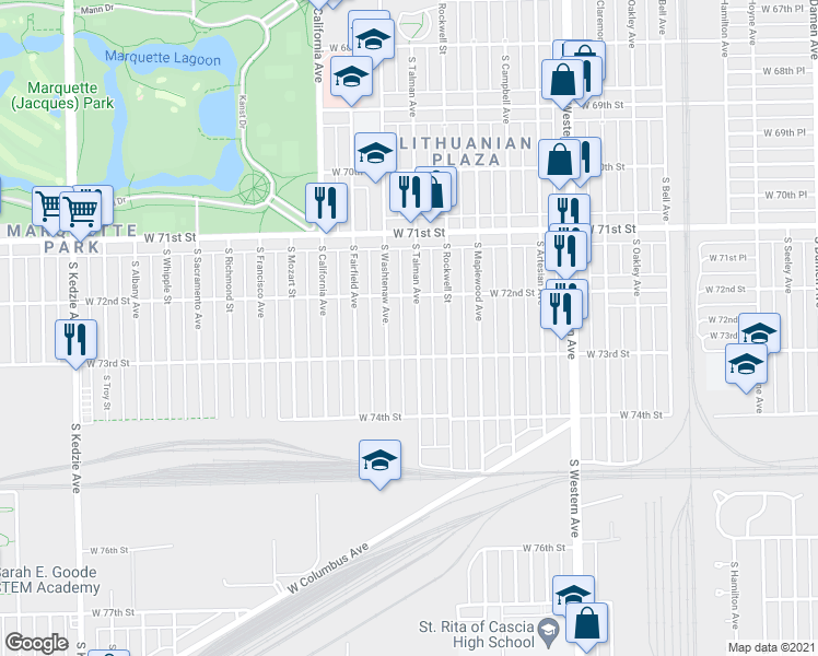 map of restaurants, bars, coffee shops, grocery stores, and more near 7243 South Washtenaw Avenue in Chicago